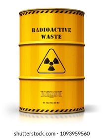 Nuclear Power Fuel Manufacturing, Disposal And Utilization Industry Concept: 3D Render Of Yellow Metal Barrel, Drum Or Container With Poison Dangerous Hazardous Radioactive Waste Materials