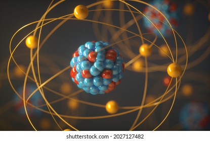 Nuclear power, nuclear reaction or nuclear energy. Concept image of a nuclear atomic model. 3D illustration.
