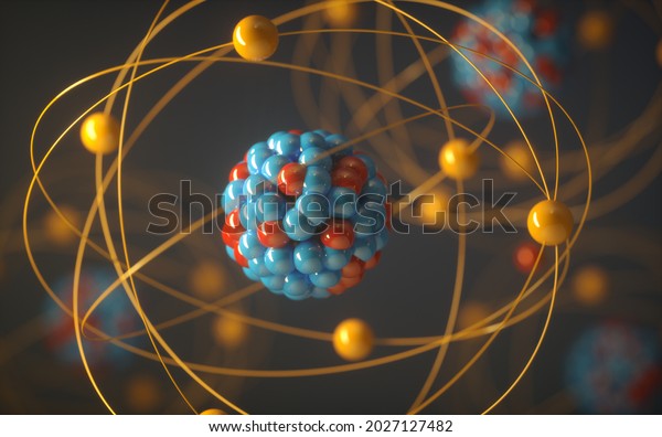 Nuclear power,\
nuclear reaction or nuclear energy. Concept image of a nuclear\
atomic model. 3D\
illustration.