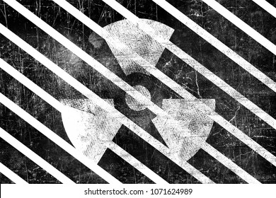 Nuclear radiation sign on old stripped grungy surface. Symbol of radiation contamination. Monochrome black and white vintage illustration
