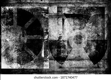 Nuclear Radiation Signs. Radioactive Symbols. Abstract Grunge Futuristic Cyber Technology Background. Industrial Design.Blueprint On Old Grungy Surface 