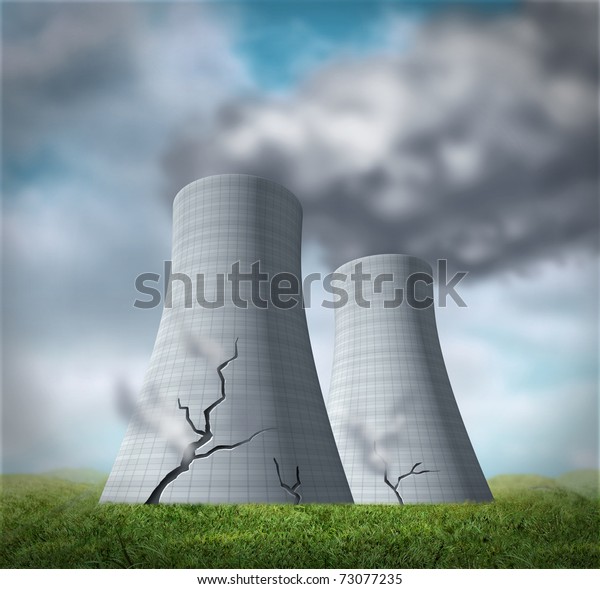Nuclear reactor meltdown disaster\
symbol represented by damaged cracked cooling towers that are\
leaking cancer causing fallout of radioactive\
steam.