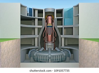 Nuclear Reactor In Section Cutaway. 3d Rendering