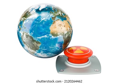 Nuclear red button with Earth Globe, 3D rendering isolated on white background