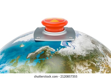 Nuclear Red Button On The Earth Globe. Global Nuclear Threat Concept. 3D Rendering Isolated On White Background