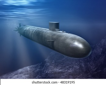 Nuclear Submarine Traveling Underwater. Digital Illustration.