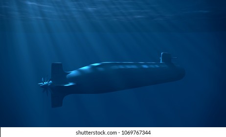 Nuclear submarine under the wave with sun rays. Underwater blue light. 3D rendering