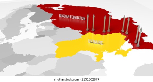 Nuclear War In Russia-Ukraine Crisis. Ukrainian Vs Russian Borders On Europe-Asia 3D Render Map With Bombs. Diplomatic Relation, Conflict And Politic Strategy. Illustration For News, Media, Ads. 