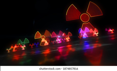 Nuclear Warning Symbol, Radioactive Danger Neon Sign And Atomic Energy Icon Concept. Futuristic Abstract 3d Rendering Illustration.