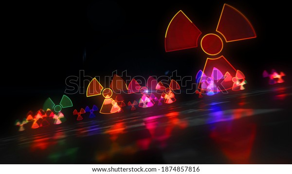 Nuclear warning symbol, radioactive danger\
neon sign and atomic energy icon concept. Futuristic abstract 3d\
rendering\
illustration.