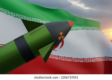 Nuclear Weapon Iran, Nuclear Deterrent Missiles By Iran, The Nuclear Warhead With Iran Flag,  Weapons Of Mass Destruction Nuclear Bomb, 3d Image And 3d Work