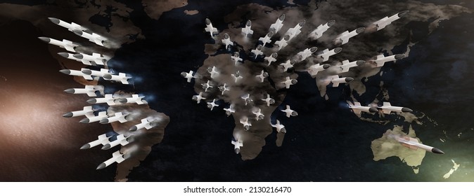 Nuclear weapon. Military rocket on world map background, banner. Cold war, World War threat. 3d render
