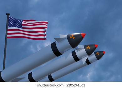 Nuclear Weapon USA, Nuclear Deterrent Missiles By USA, The Nuclear Warhead With US Flag,  Weapons Of Mass Destruction Nuclear Bomb, 3d Image And 3d Work