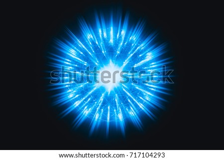 Nucleus of Atom Nuclear explode atomic bomb red hot ray radiation blue light science illustration concept.