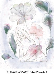 Nude Body Woman Watercolour Yoga Flower Decorative Abstract Art Nature Texture Gymnast Gymnastics Nature Illustration Spring Summer Background Design People Drawing Leaf Line Art Vintage Floral Color