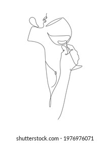  Nude Woman With Glass Of Wine In Hand, One Line Drawing On White Isolated Background. Illustration