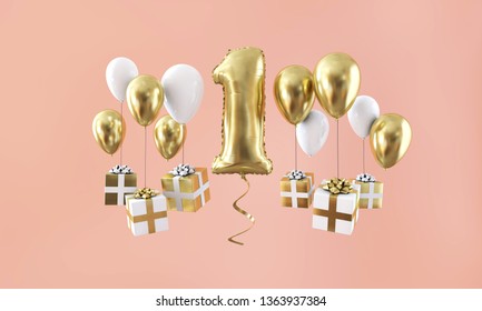 Number 1 birthday celebration gold balloon with presents. 3D Render
