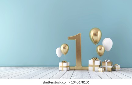 Number 1 party celebration room with gold and white balloons and gift boxes. 3D Render - Powered by Shutterstock