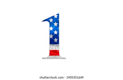 Number 1 with stars and stripes, US flag lettering font. Patriot design element, isolated on white. Alphabet, national type.