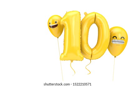 Number 10 Birthday Ballloon With Emoji Faces Balloons. 3D Render