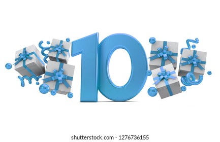 Number 10 Blue Birthday Celebration Number With Gift Boxes. 3D Rendering