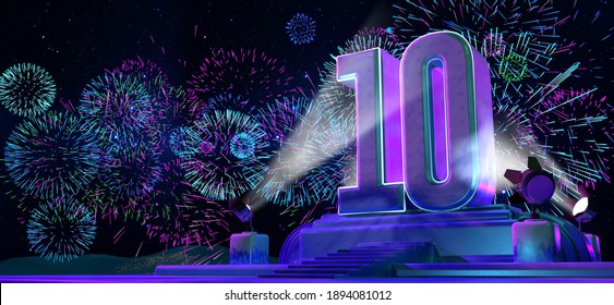 Number 10 in solid and thick shape on a purple pedestal with the appearance of a monument illuminated by 4 reflectors at night with fireworks blue, magenta, cyan color on starry night. 3d illustration