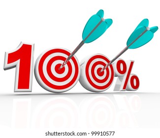 The number 100 percent with arrows shooting into the bulls-eye targets representing success in achieving your total goal, with perfection, aim, totality, full potential