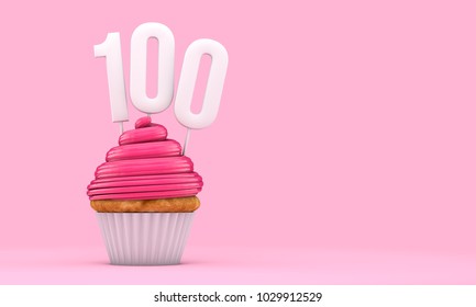 Number 100 Pink Birthday Celebration Cupcake. 3D Rendering