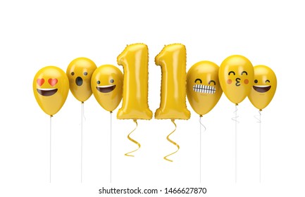 Number 11 Yellow Birthday Emoji Faces Balloons. 3D Render