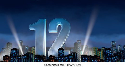 Number 12 In Thick Blue Font Lit From Below With White Light Reflectors Floating In The Middle Of A City Center With Tall Buildings With Blue Lights On At Night With Cloudy Sky. 3D Illustration