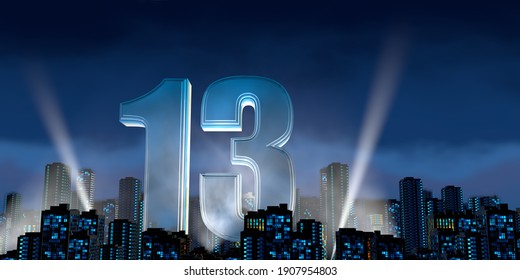 Number 13 in thick blue font lit from below with white light reflectors floating in the middle of a city center with tall buildings with blue lights on at night with cloudy sky. 3D Illustration