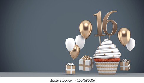 Number 16 gold birthday cupcake with balloons and gifts. 3D Render - Powered by Shutterstock