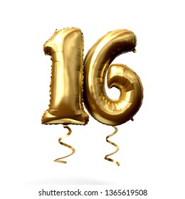 Number 16 Gold Foil Helium Balloon Isolated On A White Background. 3D Render