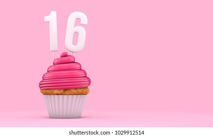 Number 16 pink birthday celebration cupcake. 3D Rendering - Powered by Shutterstock