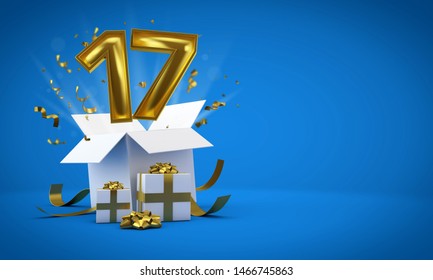 Number 17 exploding from a birthday present gift box. 3D Render