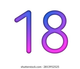 Number 18 gradient blue pink 3d sign symbol on white background for design element