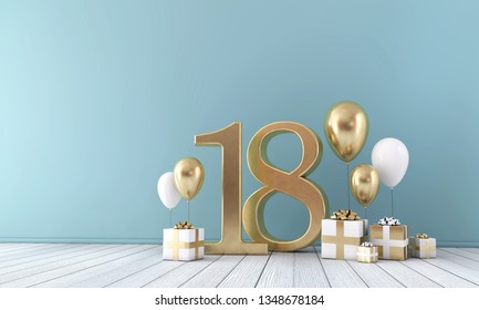 Number 18 party celebration room with gold and white balloons and gift boxes. 3D Rendering - Powered by Shutterstock