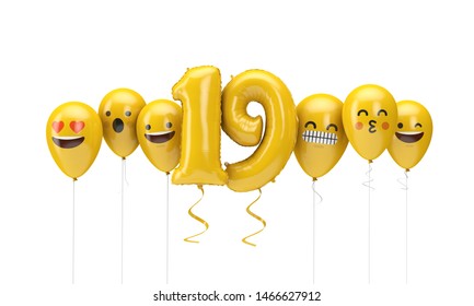 Number 19 yellow birthday emoji faces balloons. 3D Render