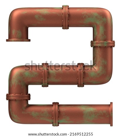 Number 2 made of rusty copper pipes, isolated on white, 3d rendering