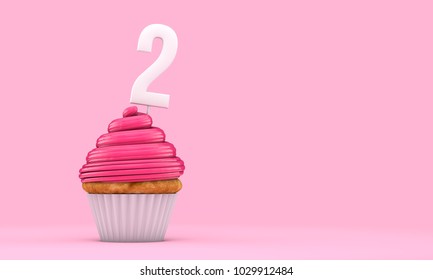 Number 2 pink birthday celebration cupcake. 3D Rendering - Powered by Shutterstock