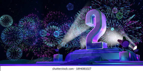 Number 2 in solid and thick shape on a purple pedestal with the appearance of a monument illuminated by 4 reflectors at night with fireworks blue, magenta, cyan color on starry night. 3d illustration