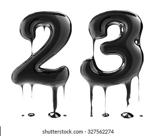 Number 2 Two 3 Three. Oil Alphabet Isolated Over White. Black Liquid Splash Alphabet.