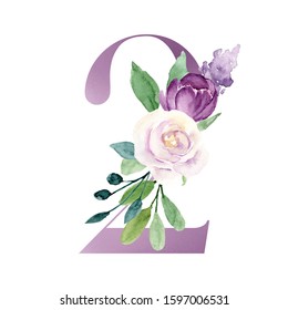 Number 2 Watercolor Violet Flowers Roses Stock Illustration 1597006531 ...