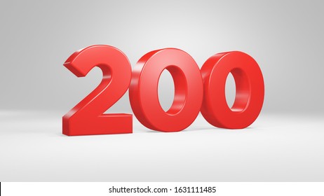 Number 200 in red on white background, isolated glossy number 3d render