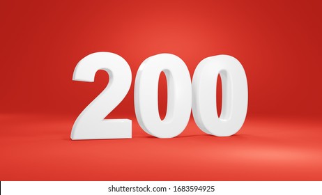 Number 200 in white on red background, isolated number 3d render