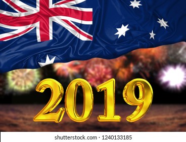 Number 2019, New Year, Behind The Flag Of Australia, Background Fireworks. National New Year Celebration