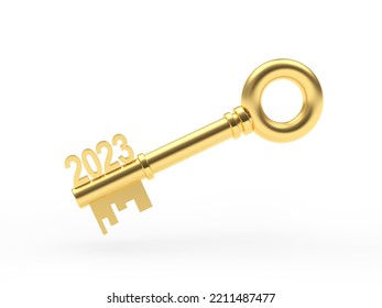 Number 2023 In Golden Key On White. 3D Illustration