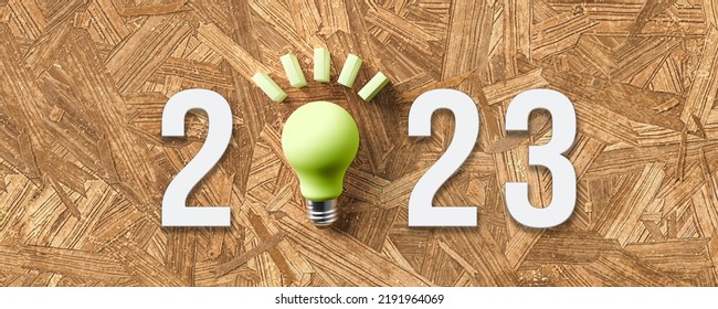 Number 2023 With A Lightbulb As A Zero On Particle Board Background - 3d Illustration