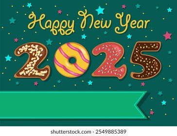 The number 2025 is made up of donuts with cream and nuts decor. The background is dark green with confetti of stars. The banner is perfect for custom text, such as a company logo or a personal message - Powered by Shutterstock