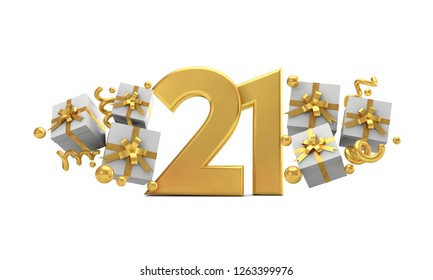 Number 21 gold birthday celebration number with gift boxes. 3D Rendering - Powered by Shutterstock